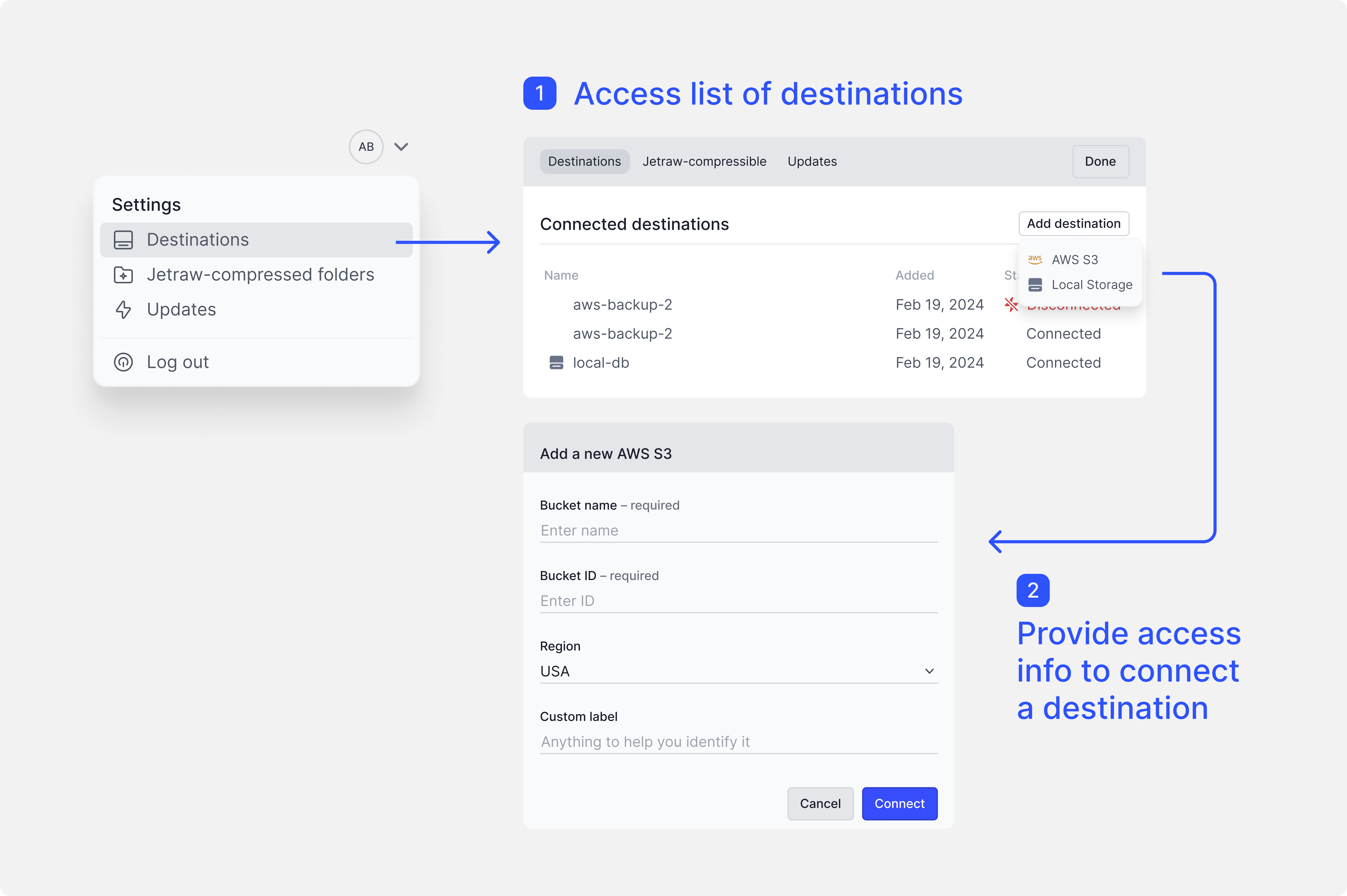 Destinations setup